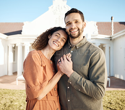 Buy stock photo Happy couple, portrait and hug outdoor of new house, real estate and moving to rent residential property. Man, woman and homeowner in backyard for loan investment, mortgage finance and neighborhood 