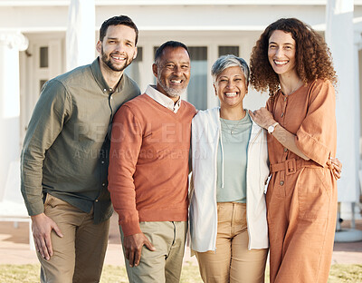 Buy stock photo Family, parents and portrait of couple at a new home due to real estate happy together and bonding as love or care. Outdoor, man and woman with elderly people with happiness for quality time at house