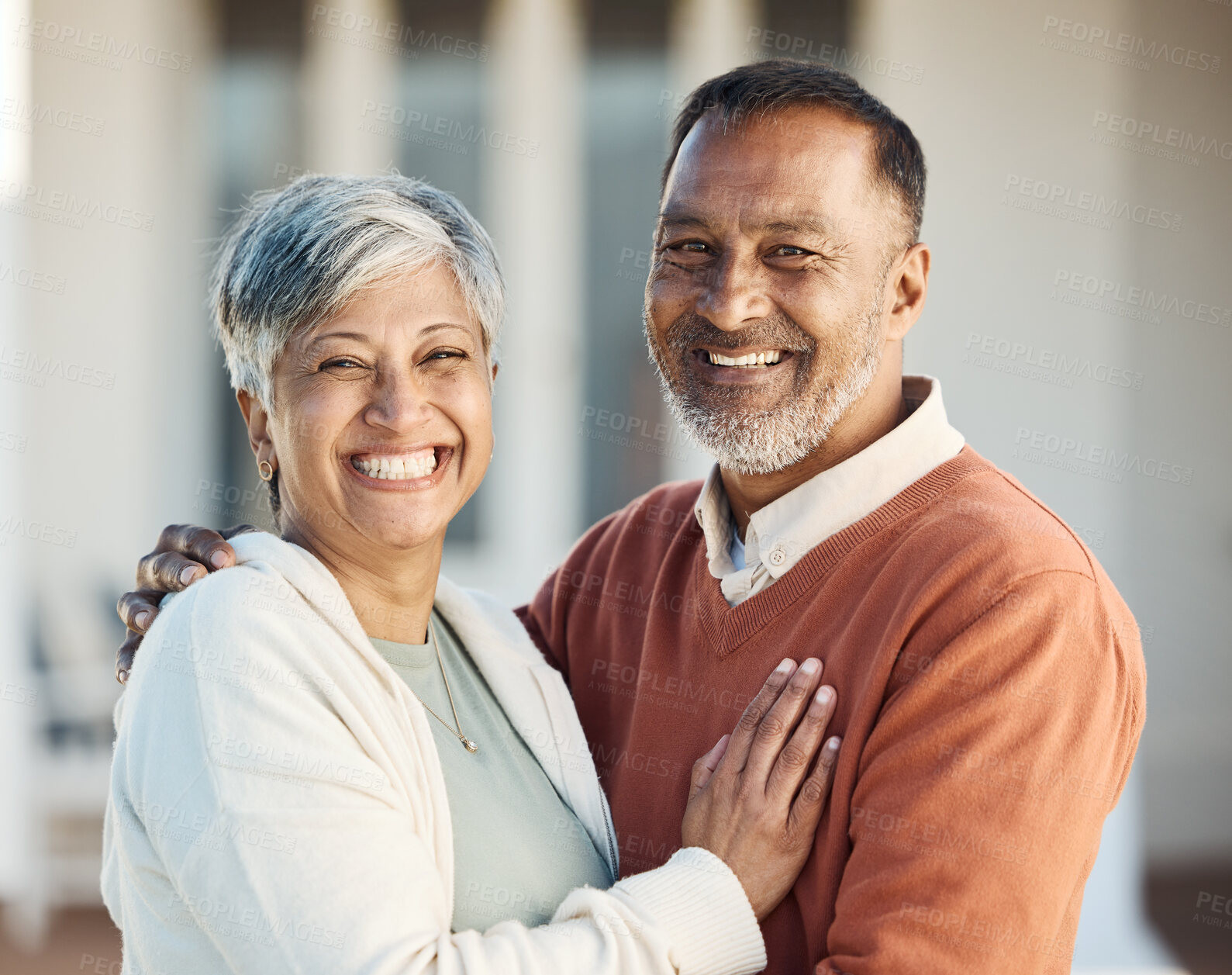 Buy stock photo Senior couple, hug and happiness outdoor, love and care with bonding, support and trust in a marriage. Life partner, retirement together and people at holiday home with respect and romance in garden