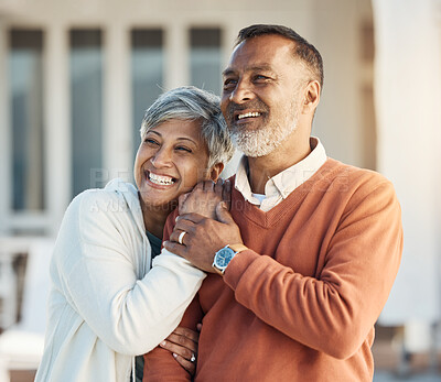 Buy stock photo Mature couple outdoor, hug and love with smile, support and trust with happiness and marriage. Life partner, retirement together and romance, people in home garden with healthy relationship and care