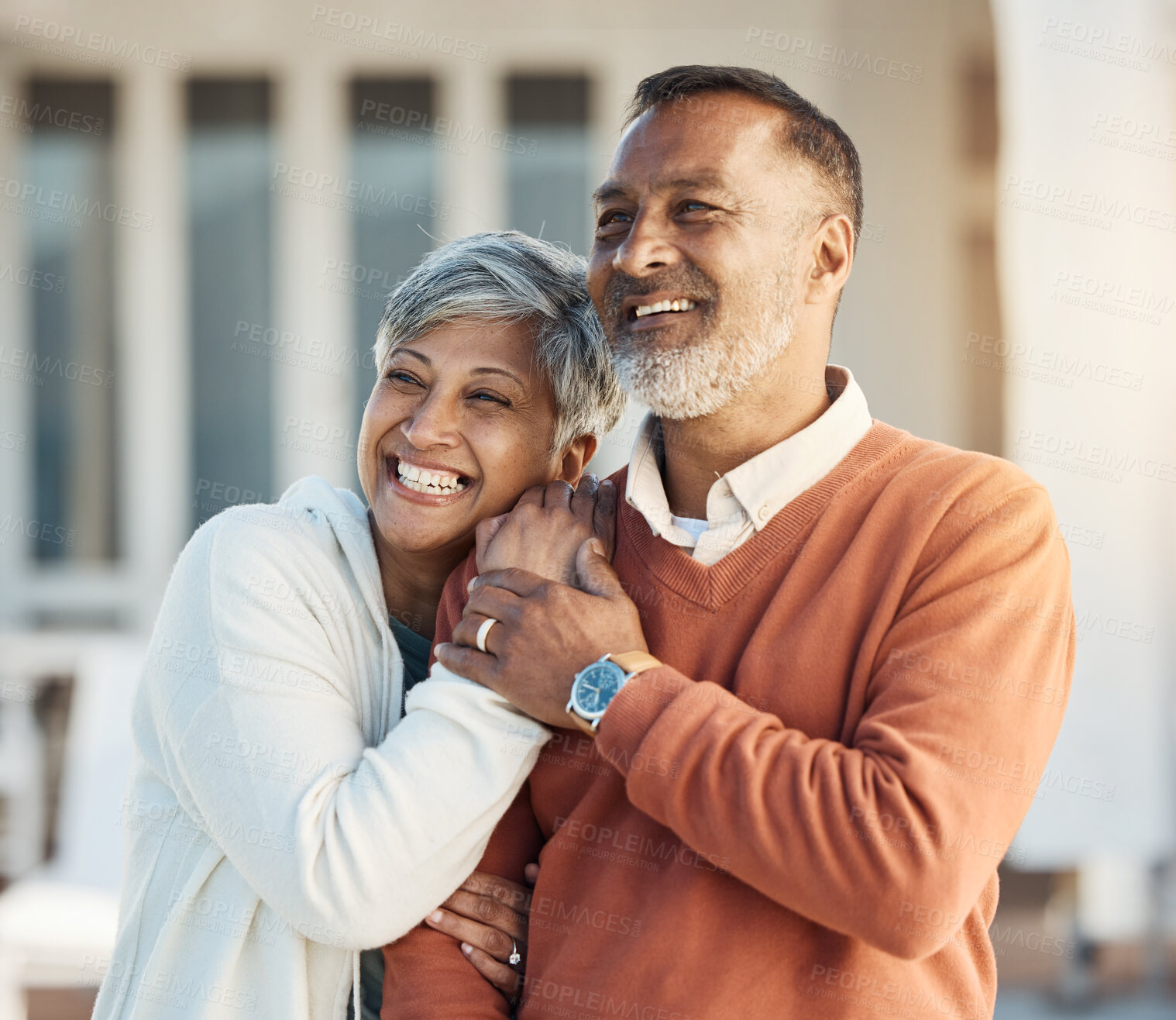 Buy stock photo Mature couple outdoor, hug and love with smile, support and trust with happiness and marriage. Life partner, retirement together and romance, people in home garden with healthy relationship and care