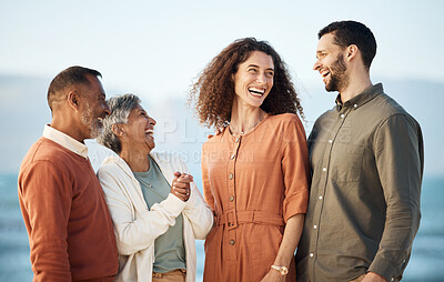 Buy stock photo Funny, summer and travel with big family at beach for vacation, care and support. Love, smile and happiness with senior parents and couple laughing in nature for holiday, relax and bonding together