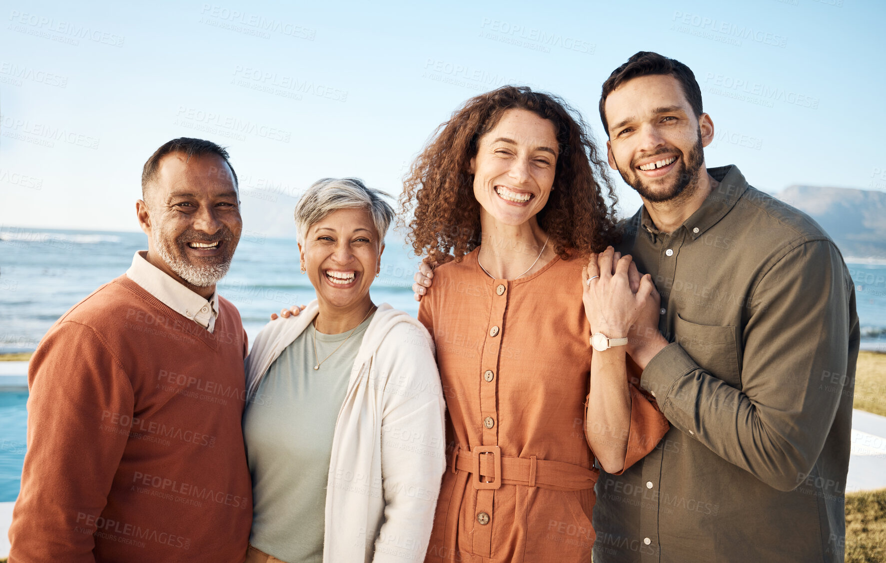 Buy stock photo Portrait, couple and elderly parents at beach on holiday, vacation or travel. Face, family men and women at ocean for interracial connection, bonding and funny laugh together, smile and happy outdoor