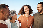 Family, parents and couple laughing at the beach for holiday or vacation together and bonding for happiness. Travel, man and woman with elderly people for happy at the sea or ocean with freedom