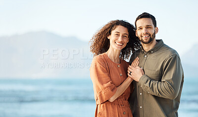 Buy stock photo Couple, outdoor and portrait with love, marriage and happy from travel by the ocean. Smile, hug and gratitude from a woman and man together with care on vacation and relax on holiday in summer