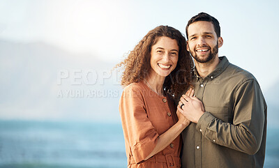 Buy stock photo Couple, hug and happiness at the beach, love and care with bonding, travel and trust in a marriage. Life partner, mockup space and adventure in nature, people on holiday with respect and romance