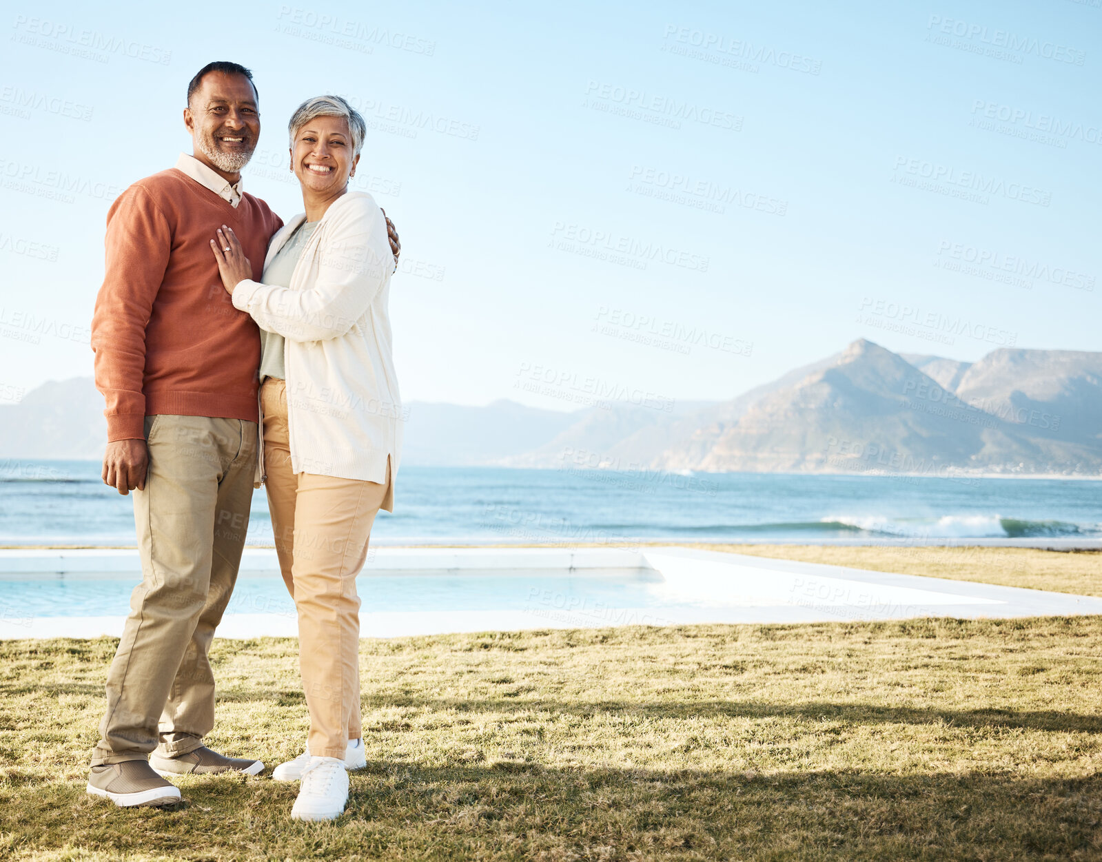 Buy stock photo Beach, mockup and happy senior couple on vacation or holiday together with love in nature at the sea or ocean. Elderly, man and portrait of woman relax with happiness, care on retirement bonding 