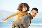 Father, kid and piggyback, happiness at beach with bonding and travel, fun and games together. Man, young girl and playing, summer and smile with care, love and adventure with parenting and childhood