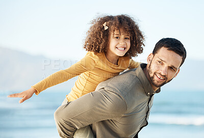 Buy stock photo Father, kid and piggyback, happiness at beach with bonding and travel, fun and games together. Man, young girl and playing, summer and smile with care, love and adventure with parenting and childhood