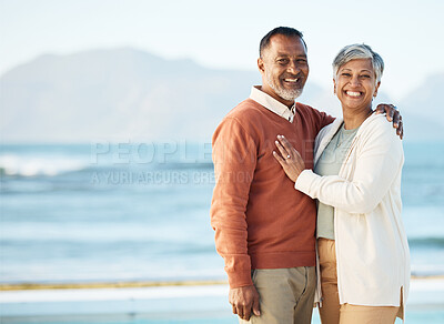 Buy stock photo Beach, mockup and portrait of senior couple on vacation or holiday together and happy with love in nature at sea. Elderly, man and woman relax with happiness, care and smile on retirement bonding 