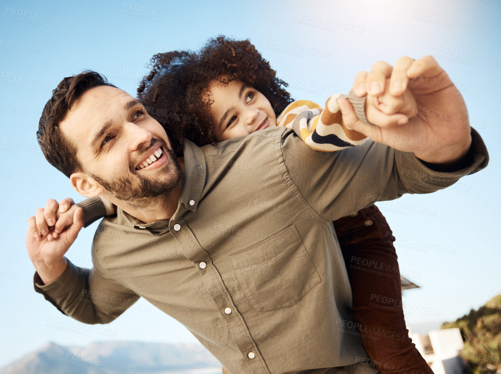 Buy stock photo Father, child and piggyback, hug and happiness outdoor with bonding, fun and games together. Man, young girl and playing, summer and smile with care, love and support with parenting and childhood