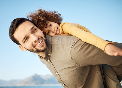 Buy stock photo Father, child and piggyback, happiness outdoor with bonding and hug, fun and games together. Man, young girl and playing, summer and smile with care, love and support with parenting and childhood