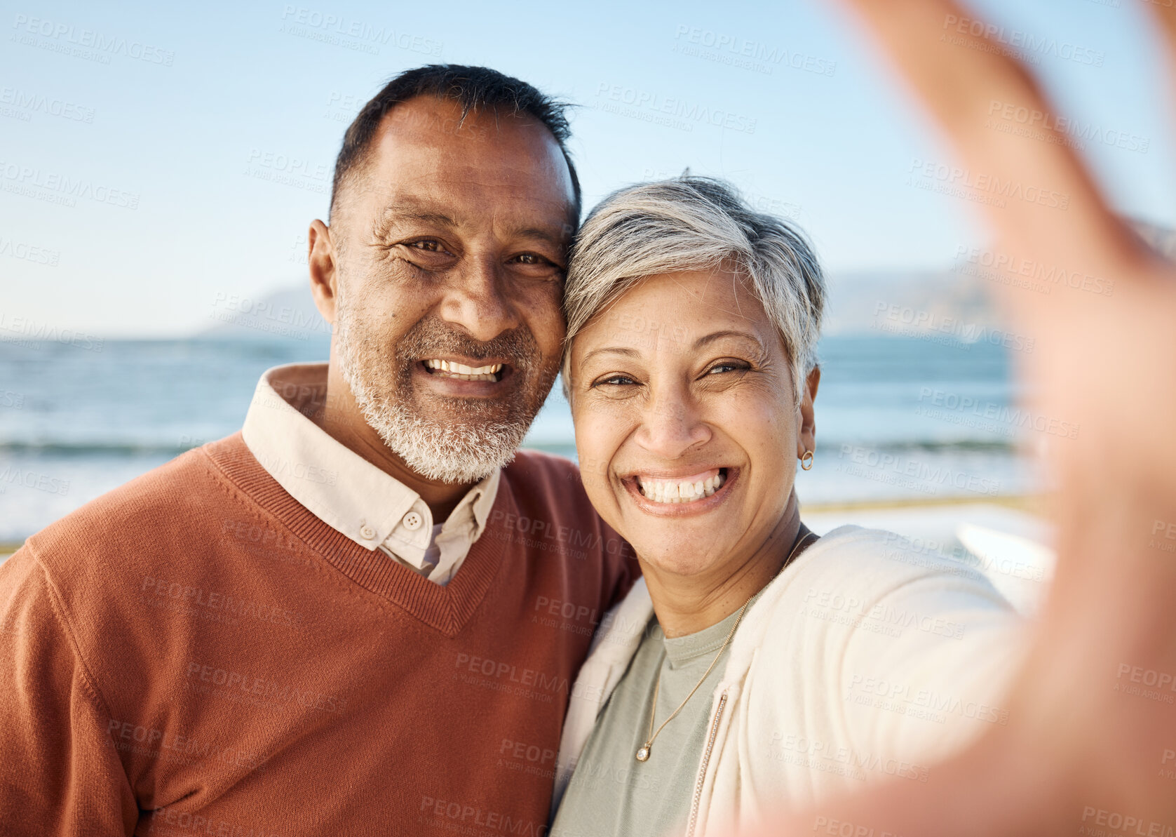 Buy stock photo Senior couple, beach selfie and portrait with happy memory, care and bonding on vacation in summer sunshine. Man, woman and smile together for photography, profile picture or social media post by sea