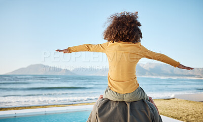 Buy stock photo Father, child on shoulders and freedom at beach, bonding and piggyback, fun and games with back view. Man, young girl and playing, summer and care, love and adventure with parenting and childhood