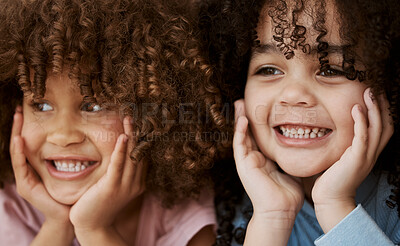 Buy stock photo Siblings, closeup and hands on face of girl children and curly hair looking happy and adorable for kids promo. Happiness, youth and teeth emoji with zoom and excited in bedroom at family home