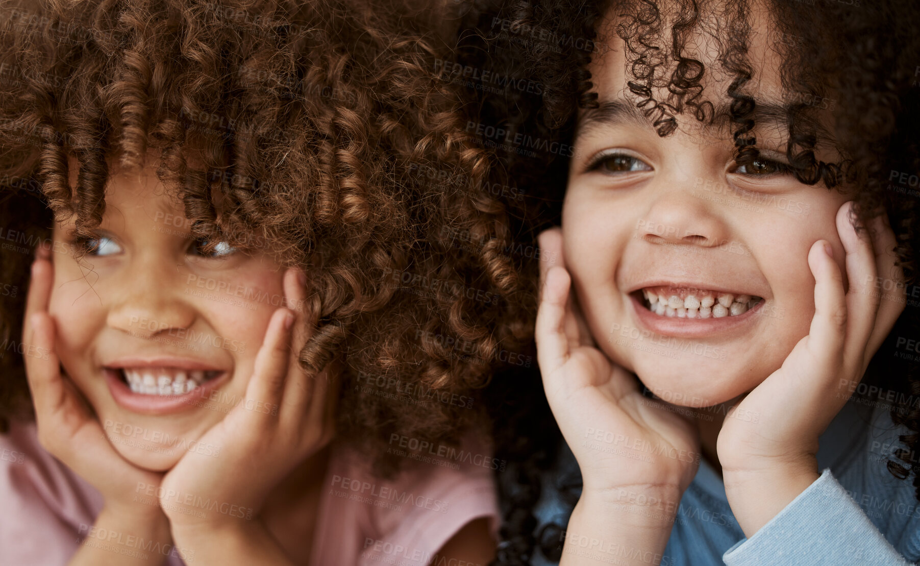 Buy stock photo Siblings, closeup and hands on face of girl children and curly hair looking happy and adorable for kids promo. Happiness, youth and teeth emoji with zoom and excited in bedroom at family home