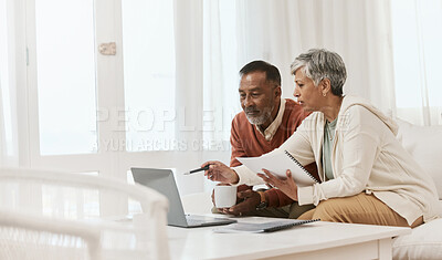 Buy stock photo Mature couple, laptop and budget with documents in home for financial planning, banking and account administration. Man, woman and review finance bills, savings and investment on computer in lounge 