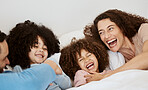 Bedroom, laughing and face of parents, children or happy family relax, bond and enjoy funny morning together. Bed, comedy and home kids, mom and dad wellness, humour and joke about holiday in Canada