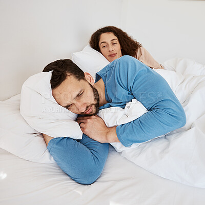 Buy stock photo Divorce, fight and couple in bed with stress, ignore or argument in their home together. Marriage, conflict and man in bedroom with depression, shame or erectile dysfunction, insomnia or abuse trauma