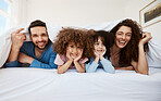 Bedroom portrait, happy family kids and parents smile, bond and relax morning wellness, comfort or enjoy quality time together. Youth, face and home children, mother and father rest on bed mattress