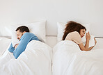 Divorce, ignore and angry couple in bed after fight, argument or dispute in their home from above. Marriage, stress and top view of frustrated man and woman in a bedroom with crisis, fail or conflict