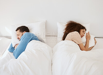 Buy stock photo Divorce, ignore and angry couple in bed after fight, argument or dispute in their home from above. Marriage, stress and top view of frustrated man and woman in a bedroom with crisis, fail or conflict