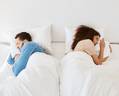 Buy stock photo Divorce, angry and couple ignore in bed after fight, argument or dispute in their home from above. Marriage, stress and top view of frustrated man and woman in a bedroom with crisis, fail or conflict