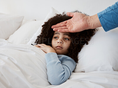 Buy stock photo Sick, child and hand on head check for temperature, fever and disease in a bed with headache. Bedroom, tired and fatigue of a young kid with healthcare and flu problem with parent support and monitor