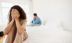 Divorce, stress and couple argue on bed with crying woman or conflict, drama or mistake problem at home. Marriage, crisis and man ignore woman in bedroom for depression, tears or disagreement anxiety