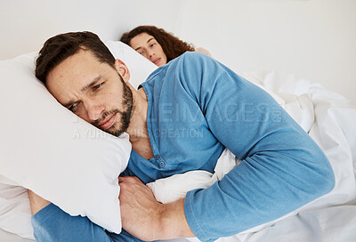 Buy stock photo Divorce, fight and angry couple in bed after fight, discussion or frustrated by cheating wife at home. Bedroom, problem and man ignore annoyed woman with depression, anxiety or erectile dysfunction 