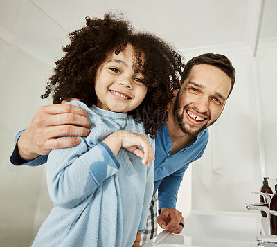 Buy stock photo Portrait smile, father and child in bathroom in home for hygiene, cleaning and care. Face, dad and happy girl bonding together, wellness and having fun with family support, love and trust at house