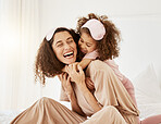 Mother, daughter and sleep mask, hug and bonding with love, care and laughter in the morning. Woman, young girl and smile at home with pajamas and family, positivity and fun together in bedroom