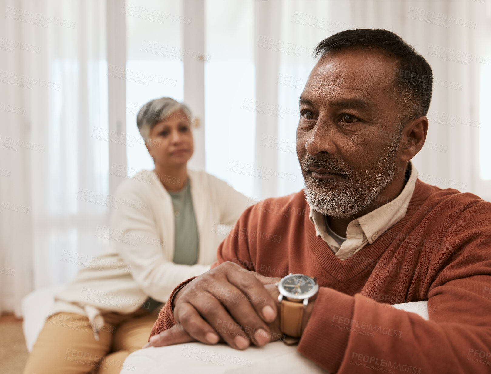 Buy stock photo Divorce, stress and senior couple on sofa fight, argue and mistake, problem or issue in their home. Marriage, conflict and frustrated old woman with man in living room for debt, depression or crisis