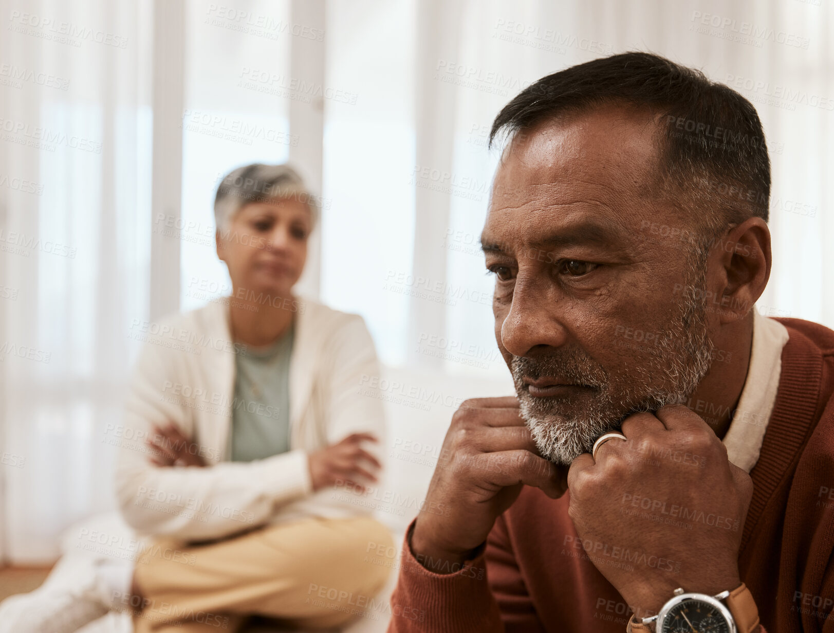 Buy stock photo Stress, divorce and senior couple on sofa ignore, argue and mistake, problem or issue in their home. Marriage, conflict and frustrated old woman with man in living room for debt, depression or crisis