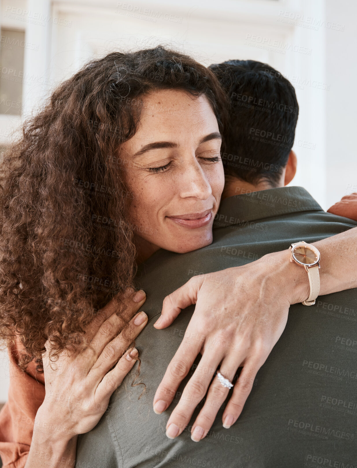 Buy stock photo Happy, trust and a couple hugging in their home for support, care or romance in marriage together. Peace, love and security with a woman embracing her husband in their house for relationship bonding