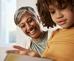 Happy family face, grandmother and child reading book, homework and bonding with babysitting senior woman. Knowledge, happiness and grandma storytelling, care and support youth kid with home learning