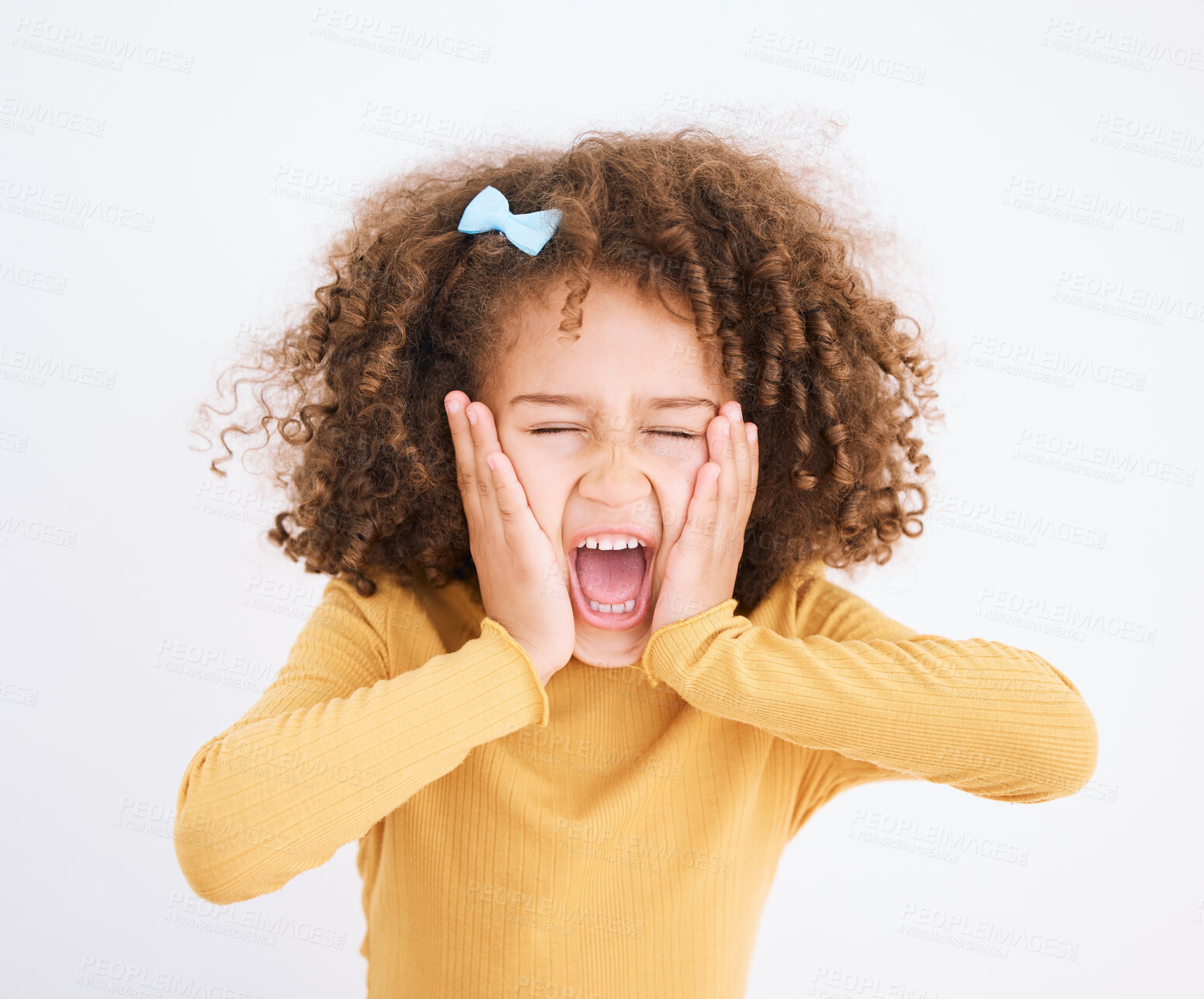 Buy stock photo Child, scream and hands on face in studio for fear, bad news or announcement for horror or anxiety. Face of a young girl kid isolated on a white background and shouting while scared, terror or scared