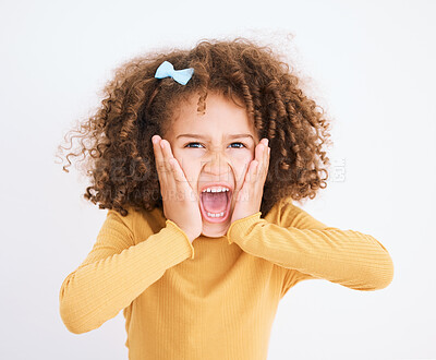 Buy stock photo Child, hands on face and scream in studio for fear, bad news or announcement for horror or anxiety. Portrait of a young girl isolated on a white background and shouting while scared, terror or angry