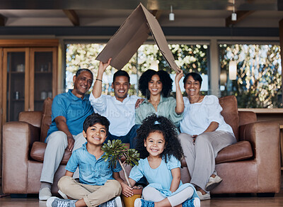 Buy stock photo Happy family, children and grandparents for home insurance, investment and safety or growth with mom and dad. Kids on floor, interracial people and cardboard roof, house cover and security portrait