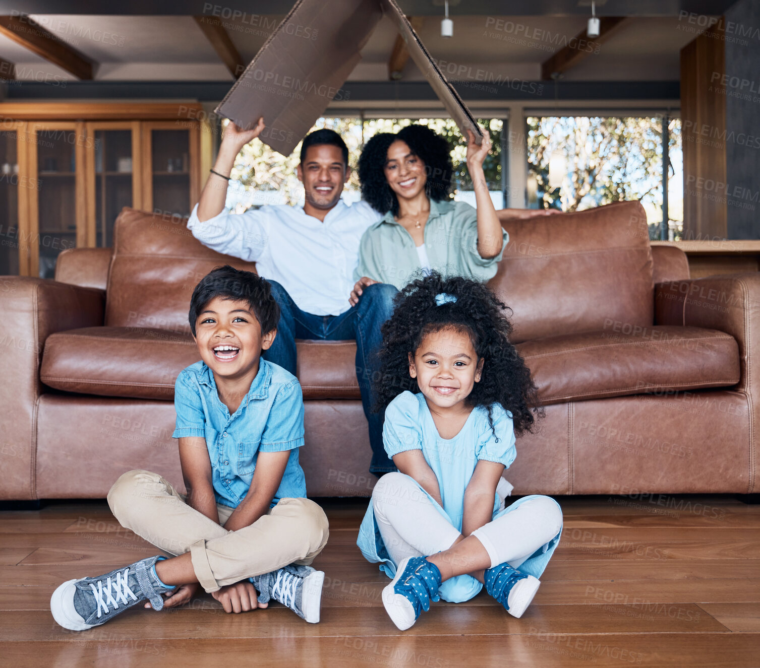 Buy stock photo Family, protection and portrait, parents and children with insurance, wellness and trust, bonding and care at home. Safety, roof and happy, mother and father with kids in lounge, shelter and security