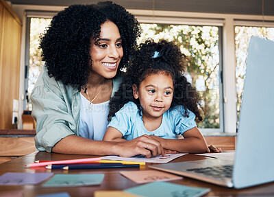 Online class, laptop and child with mom in kitchen, help learning and education in home school. Elearning, study or writing, mother and daughter with homework in house in virtual kindergarten project