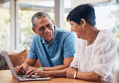 Buy stock photo Senior couple, home and laptop for planning finance, retirement funding and investment or asset management. Elderly people, man and woman typing on computer for information or pension FAQ on website