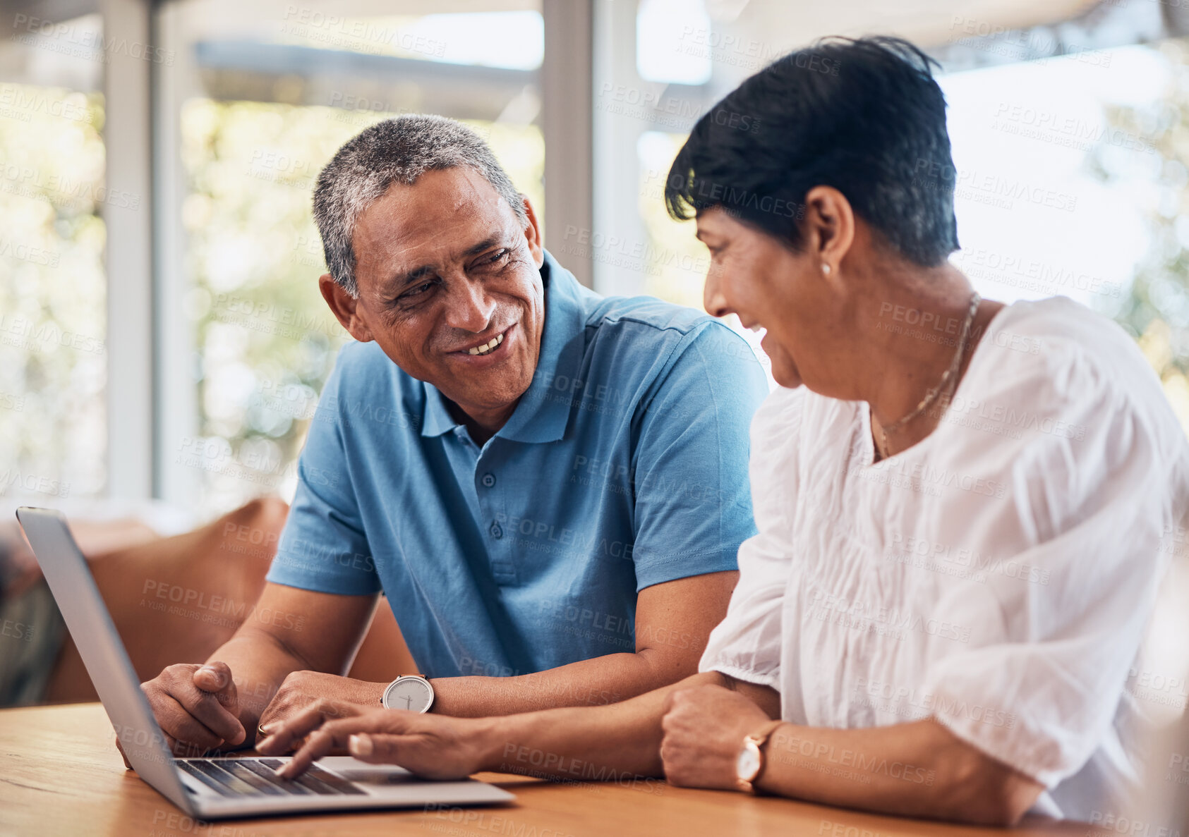 Buy stock photo Senior couple, home and laptop for planning finance, retirement funding and investment or asset management. Elderly people, man and woman typing on computer for information or pension FAQ on website