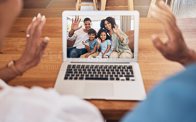 Buy stock photo Happy couple, laptop and video call with family in communication, networking or meeting at home. Hands and wave in hello, greeting or webinar for chat with grandparents on computer at the house