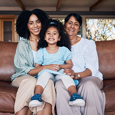 Buy stock photo Love, portrait and happy family generation of child, mother and grandmother relax, connect and smile on living room sofa. Happiness, wellness and sitting kid, mom and grandma bonding in Mexican home