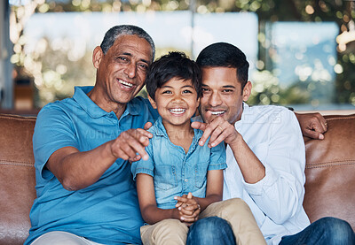 Buy stock photo Grandpa, father and boy on sofa, portrait and smile with care, love and bonding in family home. Dad, senior man and male child with generations, embrace and happy for memory, living room and pointing