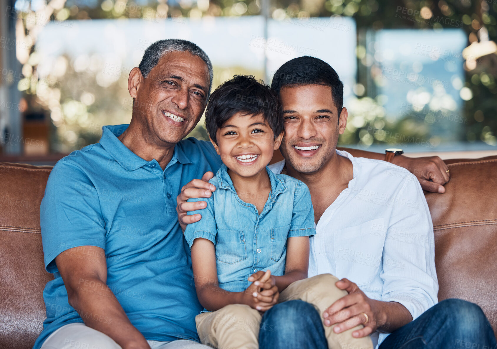 Buy stock photo Family portrait, generation and happy child, father and grandfather relax, break and smile for weekend at home. Lounge couch, support care and sitting kid, dad and grandpa bonding in Mexico apartment