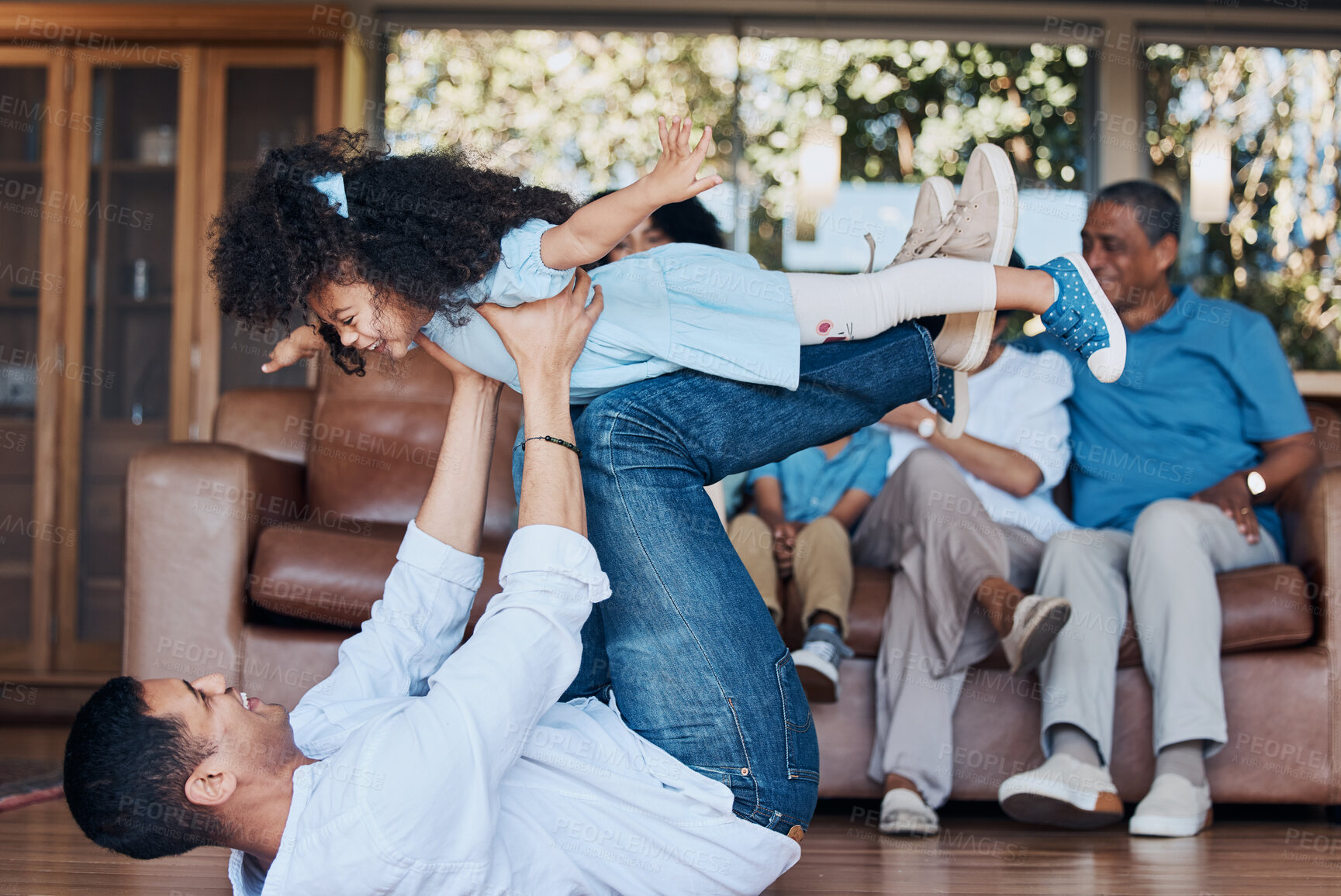 Buy stock photo Airplane, playing and father with child in the living room for bonding time together at home. Happy, smile and young dad having fun and being playful with his girl kid on the floor in lounge of house