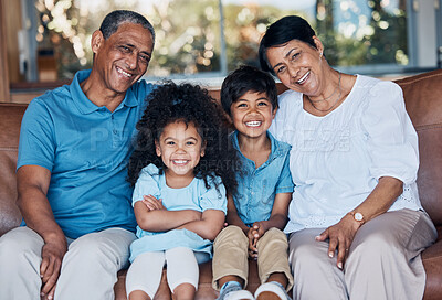 Buy stock photo Smile, portrait and grandparents with children on sofa for happy, bonding and peace on holiday. Love, care and happiness with family in living room at home for vacation, cuddle and embrace together