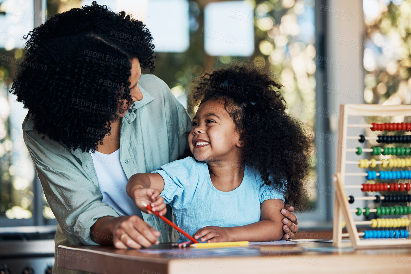 Buy stock photo Happy family, learning and mother help child with kindergarten remote education, knowledge and smile for study support. Relationship, love and home school tutor teaching kid, creative student or girl